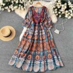 Ethnic style printed embroidered square neck dress for women