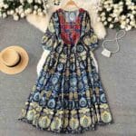 Ethnic style printed embroidered square neck dress for women