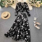 Printed short chiffon shirt, design, ruffled hem, split skirt, two-piece suit (7)