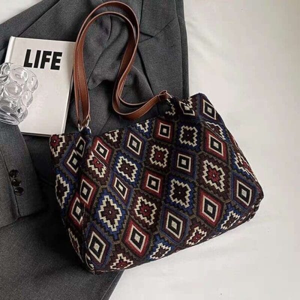 Large capacity linen handbag women's ethnic work commuting tote bag